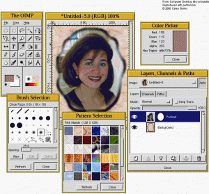 GIMP provides sophisticated paint and editing functions as is evident in these various dialogs and palettes. (Image courtesy of Carey Bunks, www.gimp-savvy.com)